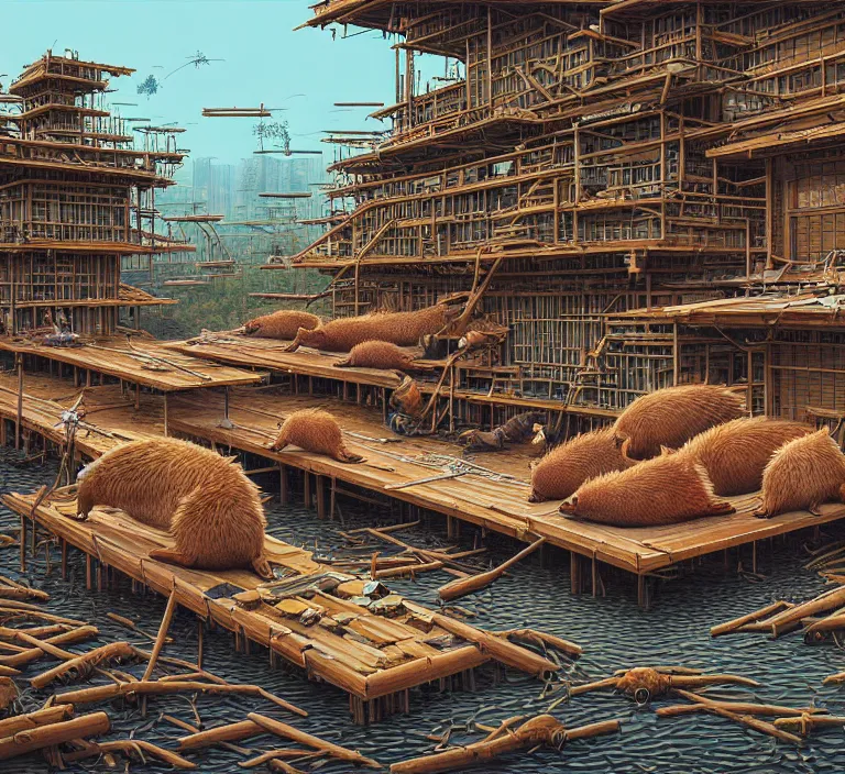 Image similar to photography hyperrealism concept art of highly detailed anthropomorphic beavers builders that building highly detailed futuristic city with sticks by hasui kawase and scott listfield sci - fi style hyperrealism