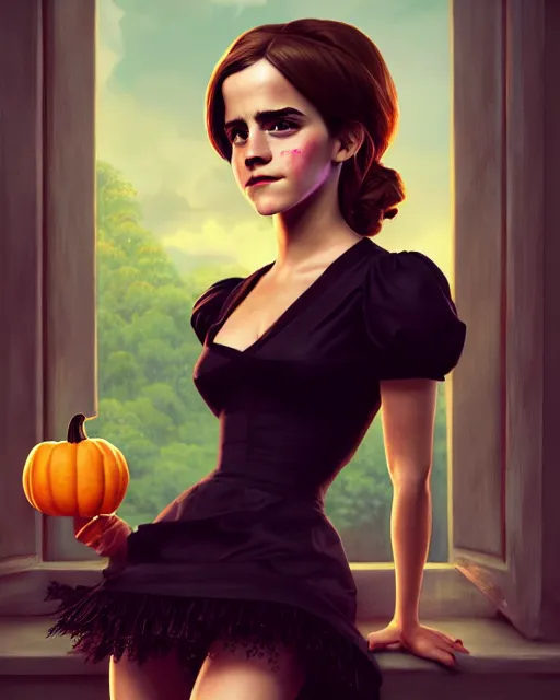 Prompt: full shot portrait painting of very beautiful emma watson standing hot hot black maid in stockings, character design by mark ryden and pixar and hayao miyazaki, unreal 5, daz, hyperrealistic, octane render, cosplay, rpg portrait, dynamic lighting, intricate detail, harvest fall vibrancy, cinematic