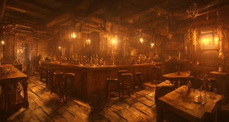 Image similar to alchemy tavern, hyperdetailed, artstation, cgsociety, golden hour 8 k, volumetric lighting