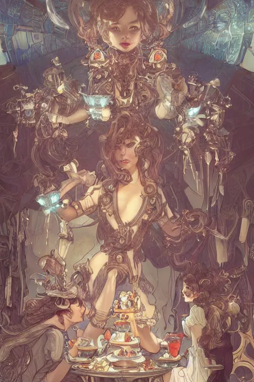 Image similar to Mechas having a tea party, cute, fantasy, intricate, elegant, highly detailed, digital painting, 4k, HDR, concept art, smooth, sharp focus, illustration, art by artgerm and H R Giger and alphonse mucha