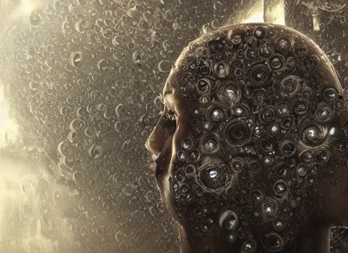 Prompt: complex dark quaternion nonregular nonconvex fractal full of human head within drops flowing from it down, dark city burning background, hyperdetailed, hyperrealism, atmospheric