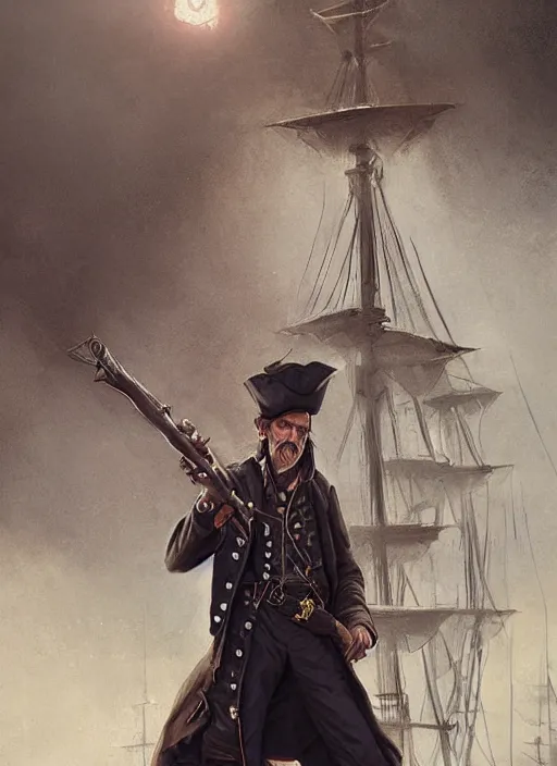 Image similar to portrait of a 1 9 th century pirate in a trenchcoat standing on the deck of a ship, victorian, concept art, detailed face, fantasy, highly detailed, cinematic lighting, digital art painting by greg rutkowski