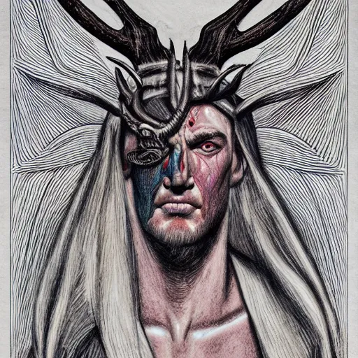 Image similar to Dramatic portraiture of Uuen, the Pictish god of stags, mixed media, trending on ArtStation, by Steve Ditko and ArtGerm and Lucian Freud, luminism