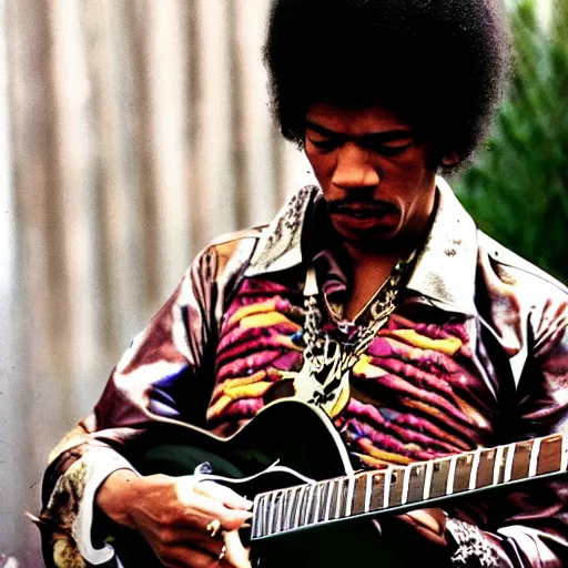 Prompt: jimi hendrix playing a guitar made of a big snake, color photo, cinematic