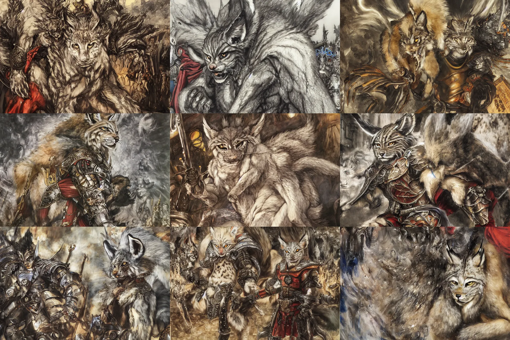 Image similar to 8k Yoshitaka Amano painting of upper body of a young cool looking lynx beast-man with white mane at a medieval market at windy day. Depth of field. He is wearing complex fantasy armors. He has huge paws. Renaissance style lighting.