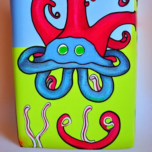 Prompt: crayon box with octopus tentacles creeping out of it