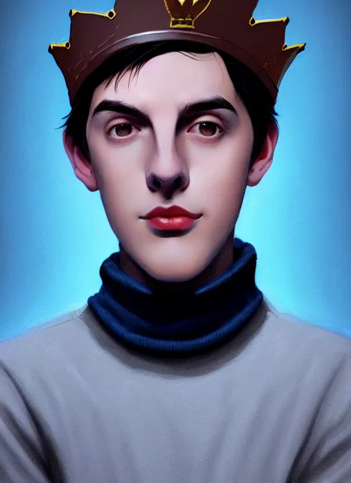 Image similar to portrait of teenage jughead jones wearing a light grey crown, crown, blue turtleneck, 1 9 5 0 s, closed eyes, photorealistic, black hair, glowing lighting, intricate, elegant, glowing lights, highly detailed, digital painting, artstation, concept art, smooth, sharp focus, illustration, art by wlop, mars ravelo and greg rutkowski