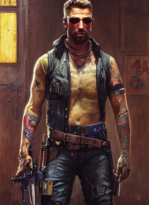 Image similar to arthur morgan. cyberpunk mercenary with tattoos wearing a military vest and combat jumpsuit. (Cyberpunk 2077, bladerunner 2049). Iranian orientalist portrait by john william waterhouse and Edwin Longsden Long and Theodore Ralli and Nasreddine Dinet, oil on canvas. Cinematic, hyper realism, realistic proportions, dramatic lighting, high detail 4k