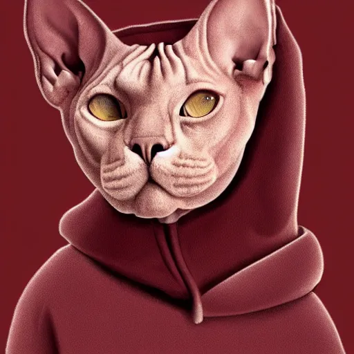 Prompt: a portrait of a humanoid sphynx cat wearing a maroon hoodie, digital art