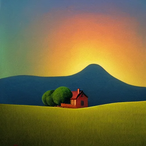 Image similar to a painting of a house on top of a hill with a sunset in the style of Maxfield Parrish