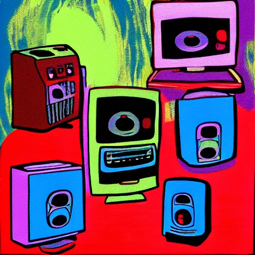 Image similar to array of crt televisions, tv static, blob, technology, antenna, stacked, junkyard, polaroid, steroids, adult video store, impressionist painting, painting, acrylic painting, cell shaded, by andy warhol