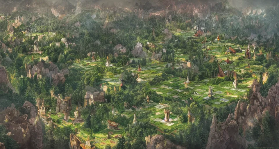 Image similar to Birdview of fairytale vast lands as a chess board. Forests, meadows or cities in each different square, 4k, octane, digital painting, artstation, concept art, sharp focus, illustration, art by artgerm and greg rutkowski and alphonse mucha