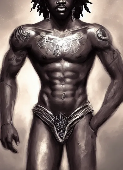 Image similar to a highly detailed illustration of attractive young african guy with flat top hair, with flaming tattoos, dramatic standing pose, intricate, elegant, highly detailed, centered, digital painting, artstation, concept art, smooth, sharp focus, league of legends concept art, wlop