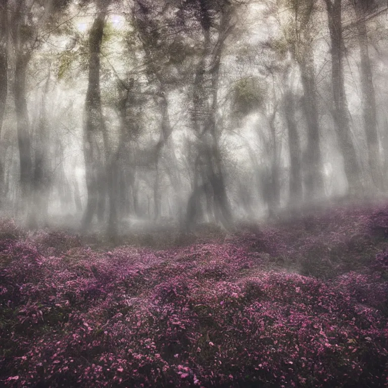 Image similar to a planet of various fungus like trees, mushrooms, flowers and plants, artistic photography, conceptual, long exposure outside the city, volumetric light