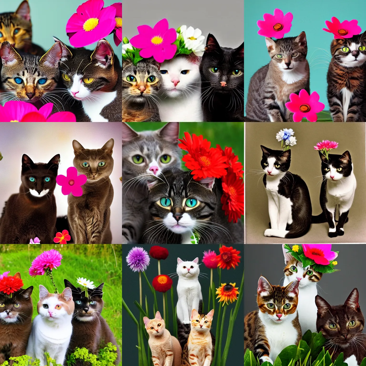 Prompt: a photo of three cats, each with a flower on top of its head.