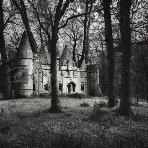 Image similar to abandoned castle in the woods, ethereal, dark lighting, spooky, grey tint