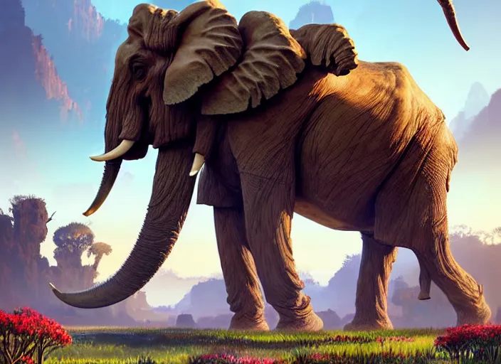 Image similar to symmetry!! landscape portrait of a herd of hybrid robot mammoth elephant with big tusk, floral! horizon zero dawn machine, intricate, elegant, highly detailed, digital painting, ancient ruins background, sunrise, background atmospheric lighting, ray tracing, artstation, concept art, smooth, sharp focus, illustration, art by artgerm and greg rutkowski 8 k