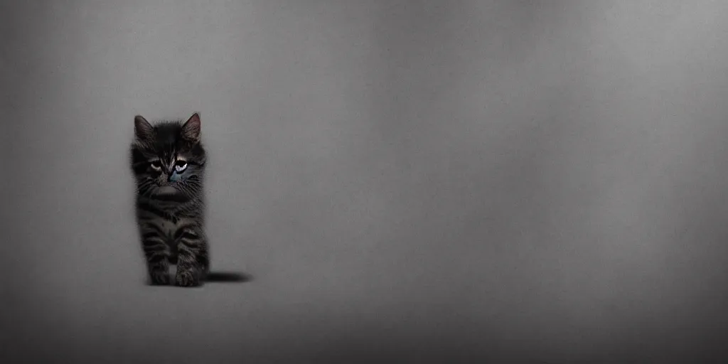 Prompt: kitten, horror, dark cinematic, volumetric, realistic, 3d render, Realistic Render, Cinematic lighting, Volumetric lighting, atmospheric, cinematic, unreal engine, unreal engine render, octane render, HD, photorealism, hyper realistic, photo, 8K, in the style of Chris Cunnigham, by Wes Anderson