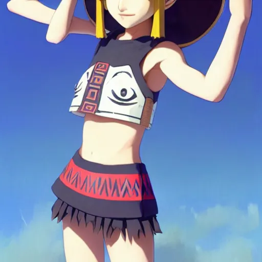 Image similar to beautiful boyish natalie portman gravure model in majora's mask, wearing wooden mask and baseball cap and leotard, street wear with subtle mayan patterns, aztec bathing suit, gapmoe yandere grimdark, trending on pixiv fanbox, painted by greg rutkowski makoto shinkai takashi takeuchi studio ghibli, akihiko yoshida