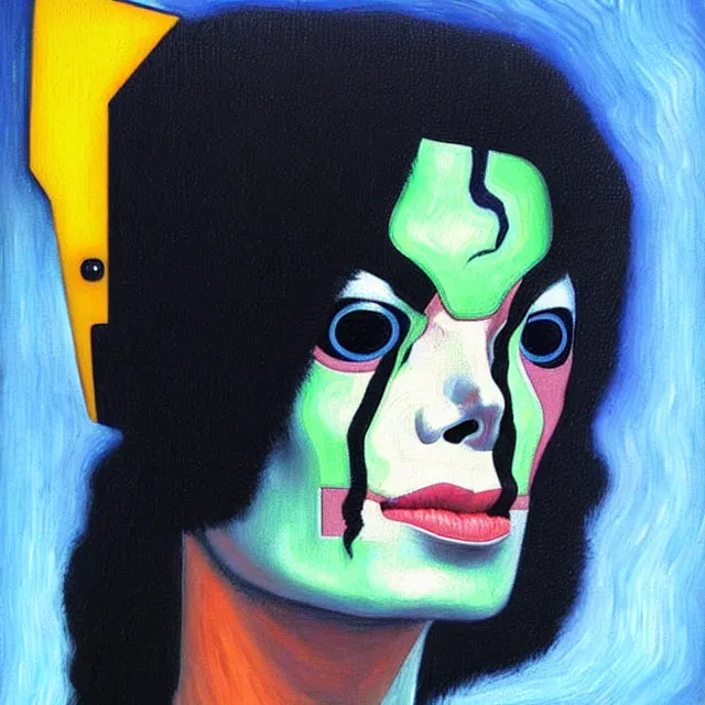 Image similar to a beautiful painting cyberpunk robot michael jackson face, by kelly mckernan guido reni jan vermeer brief biography van gogh edvard munch dana irving lawren harris realistic oil painting