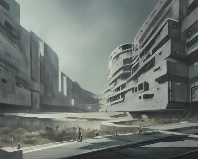 Prompt: matt painting of a place in the center of a city of the future concrete brutalist architecture, science fiction, kamen anev, artstation