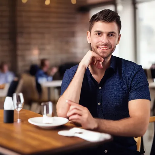 Image similar to head and shoulders male portrait of a young business professional, sitting down at a nice restaurant.