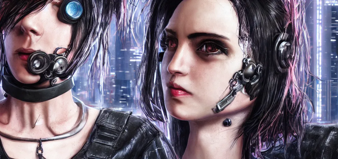 Image similar to detailed realistic female character cyberpunk wearing thick steel collar around neck, realistic, art, beautiful, 4K, collar, choker, collar around neck, punk, artstation, detailed, female, woman, choker, cyberpunk, neon, punk, collar, choker, collar around neck, thick collar, choker around neck, wearing choker, wearing collar,