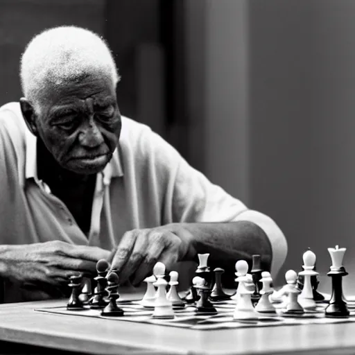 Image similar to film still of an elderly blac k man playin g chess, medium shot, midshot