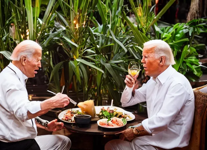 Prompt: Trump and Biden having dinner at a fancy Balinese restaurant, award winning cinematic photography, 50 mm, blurred background, trending on twitter