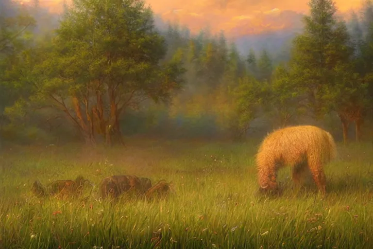 Image similar to a creature called XJVAIJOVIAJ standing in a calming meadow, created by Mark Keathley