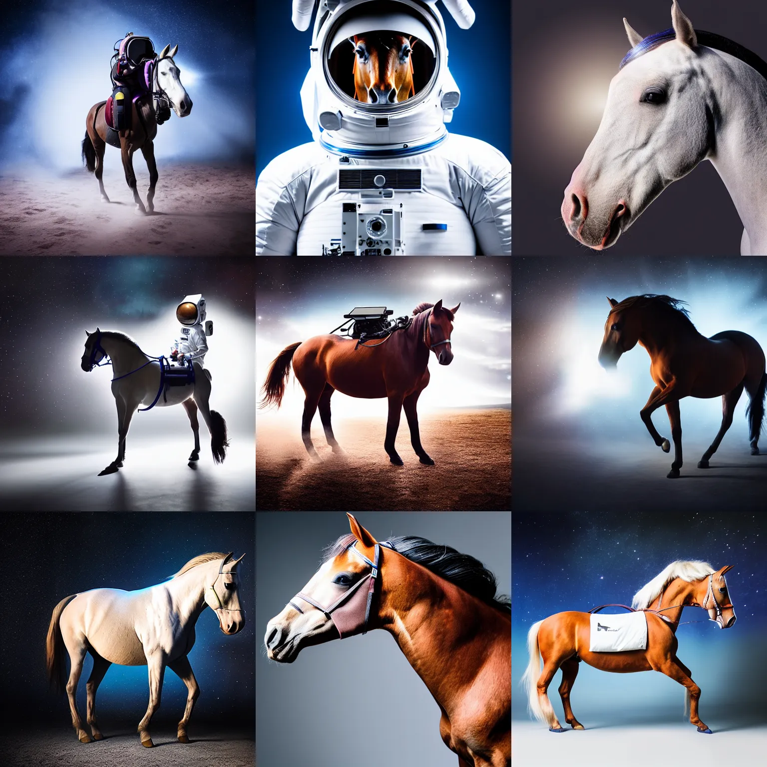 Prompt: horse sastronaut, epic photoshoot studio light, realistic 8 k documentary
