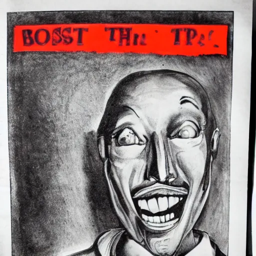 Prompt: disturbing uncanny black and white face of a man with no bottom jaw on a missing poster, blood