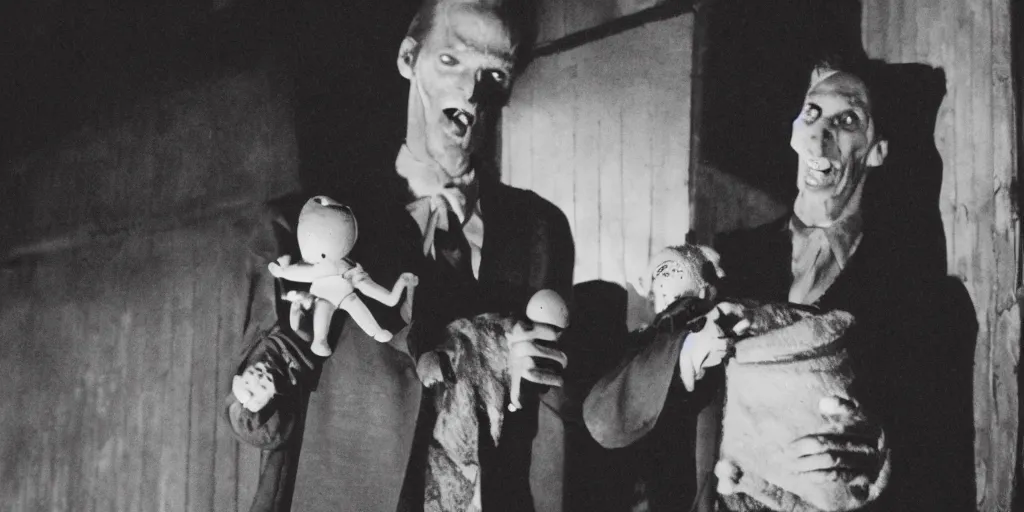 Image similar to film still of a horrid vampiric tall man hiding in a barnyard and clutching a doll, horror movie, eerie, creepy, grainy, dark, amazing lighting, great cinematography