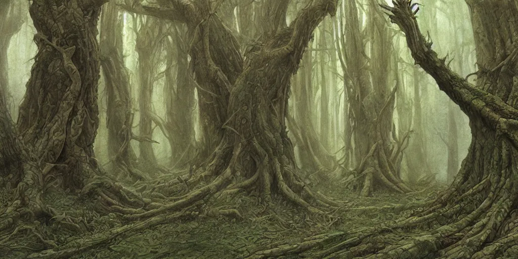 Image similar to artwork by john howe of a forest of grim catalpas