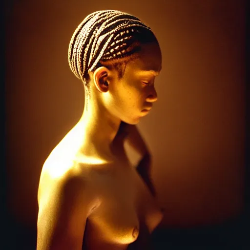 Image similar to beautiful woman with soft skin, cornrows, 8K artistic photography, photorealistic, chiaroscuro, by Steve Mccurry, Joey L, Raphael, Caravaggio