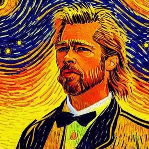 Prompt: brad pitt golden hour sunset, starry night style van gogh