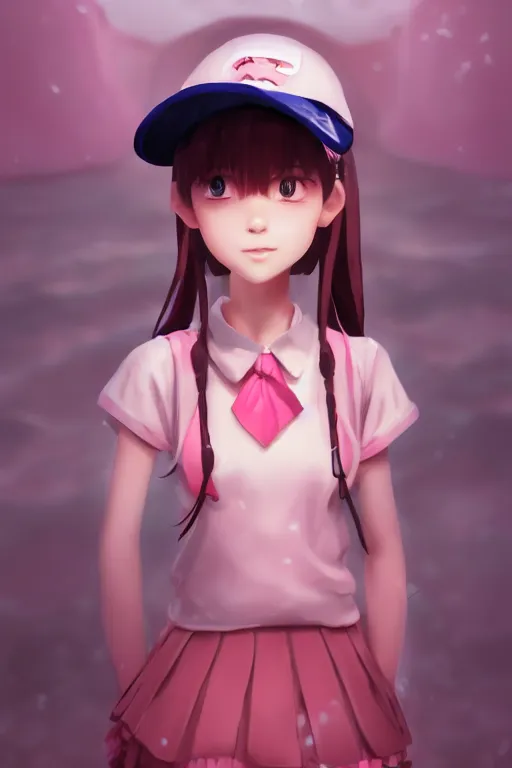 Prompt: 3d infrared render portrait of beauty 3d anime lofi schoolgirl with pink sport cap and cute face underwater subway twilight. dramatic light, trending on artstation, art by hiro kiyohara and hayao miyazaki oil painting