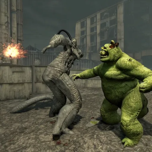 Prompt: screenshot from fallout 3 of shrek fighting a deathclaw, ray tracing, photorealistic graphics, nuka cola factory, swamp vs radiation, - w 6 4 0 - c 6 - i - n 9 - s 1 5 0 - a ddim
