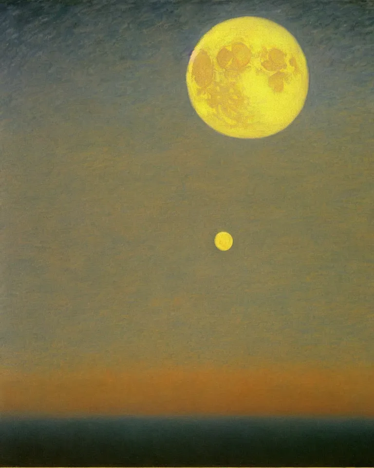 Prompt: achingly beautiful painting of the moon rising over earth from outer space by rene magritte, monet, and turner.