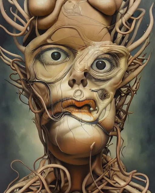 Prompt: strange surrealist, looming, biomorphic painting of a woman with large eyes by dali, marco mazzoni, james jean, charlie immer and jenny saville, fluid acrylic, airbrush art, timeless disturbing masterpiece