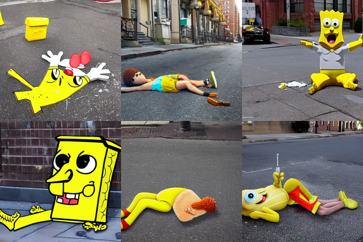 Prompt: photorealistic spongebob passed out as a junkie on the corner of a philadelphia street