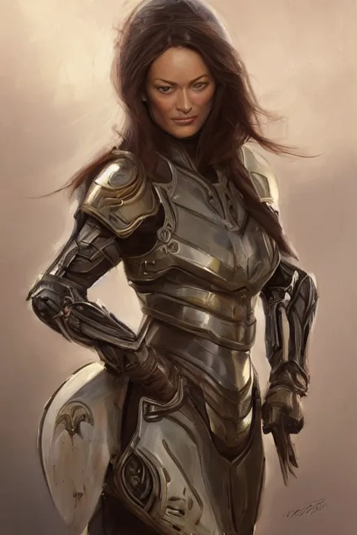 Image similar to a professional painting of a young Olivia Wilde, clothes in military armor, olive skin, long dark hair, beautiful bone structure, symmetrical facial features, intricate, elegant, digital painting, concept art, smooth, sharp focus, illustration, from StarCraft by Ruan Jia and Mandy Jurgens and Artgerm and William-Adolphe Bouguerea