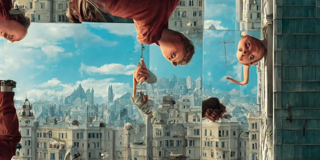 Image similar to a very high resolution image from a new movie, upside - down building, mirror, beautiful scenery, photorealistic, photography, directed by wes anderson