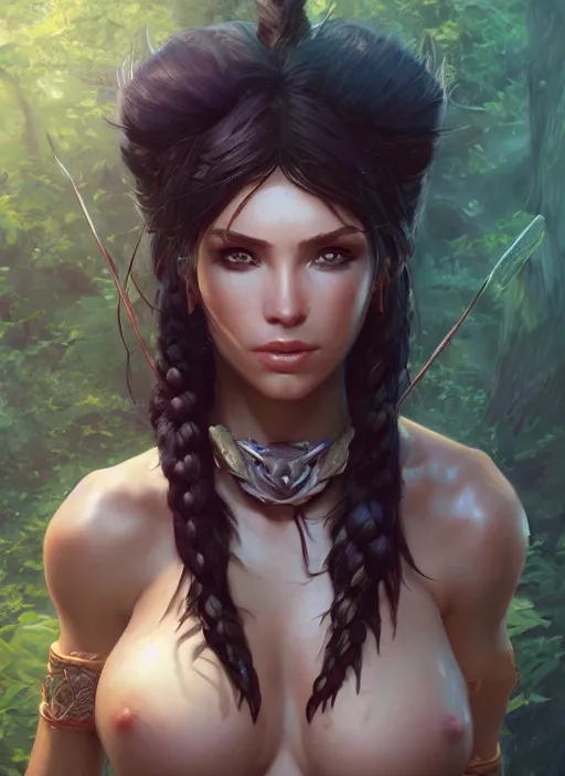 Image similar to nidalee, au naturel, hyper detailed, digital art, trending in artstation, cinematic lighting, studio quality, smooth render, unreal engine 5 rendered, octane rendered, art style by klimt and nixeu and ian sprigger and wlop and krenz cushart