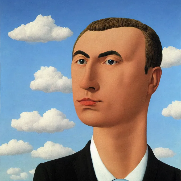 Prompt: portrait of a faceless cloth - head man in a suit, clouds in the background, by rene magritte, detailed painting, distance, centered, hd, hq, high resolution, high detail, 4 k, 8 k
