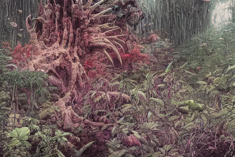 Prompt: lots of glass details, a lot of exotic vegetation, trees, flowers, dull colors, gigantic angry tremendous akira tetsuo monster, extreme close - up staying in the foggy huge dark night forest covered with web and cotton and a lot of glow - worms, by moebius, hyperrealism, intricate detailed, risograph