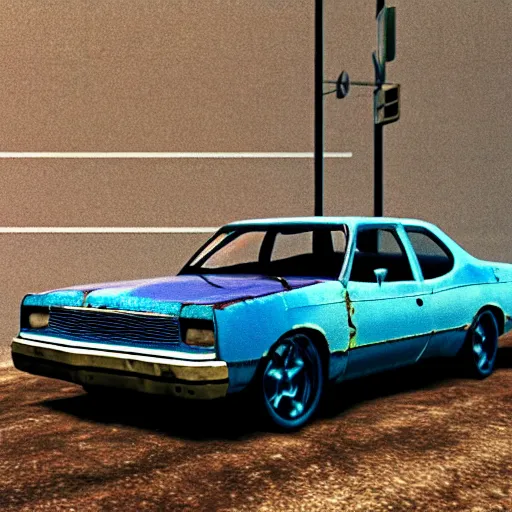 Image similar to A screenshot of a rusty, worn out, broken down, decrepit, run down, dingy, faded chipped paint, tattered, beater 1976 Denim Blue Dodge Aspen in Gran Turismo for the PS1, low poly Original Playstation style