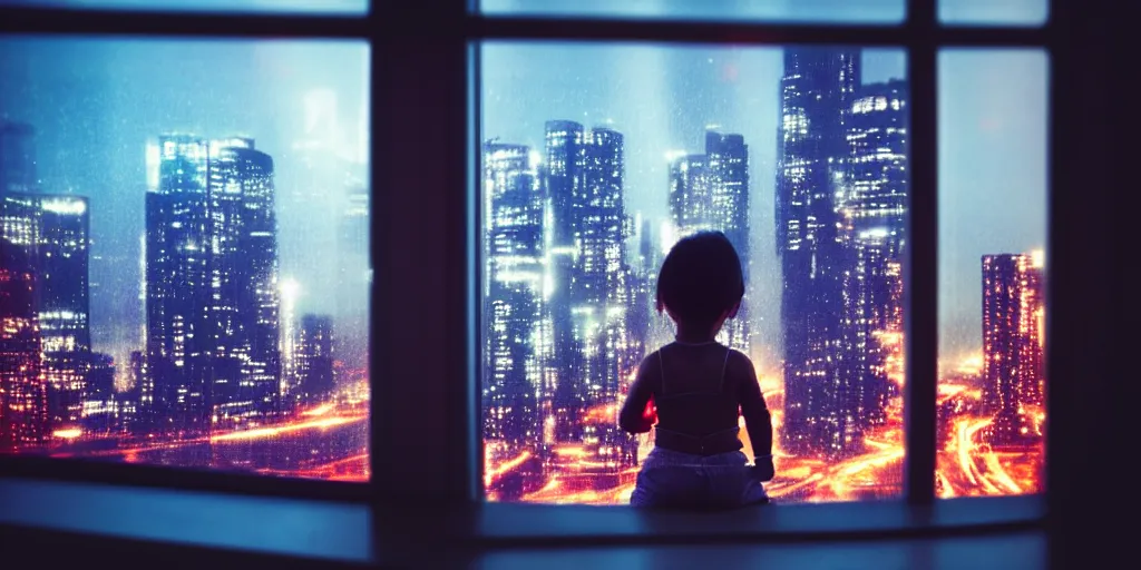 Image similar to overlooking on night city cyberpunk from floor to ceiling window, one little girl, beautiful hair at the back, looking out the window, liminal, cinematic, dreamscape