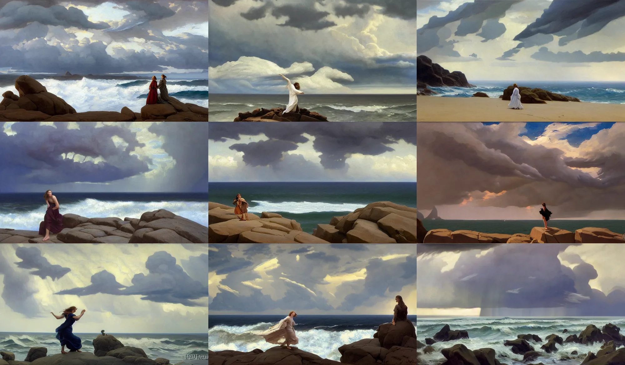 Prompt: dramatic light, thunder clouds in the sky, stormy sea by frederick judd waugh, simple form, brutal shapes stormy sky, extremely strong wind, cumulonimbus, woman in dress figure standing on the stones, realism, view from above on seascape, artstation, artwork by ed mell christopher blossom and frederick judd waugh and franklin carmichael and Russ Kramer and ivan aivazovsky and isaac levitan