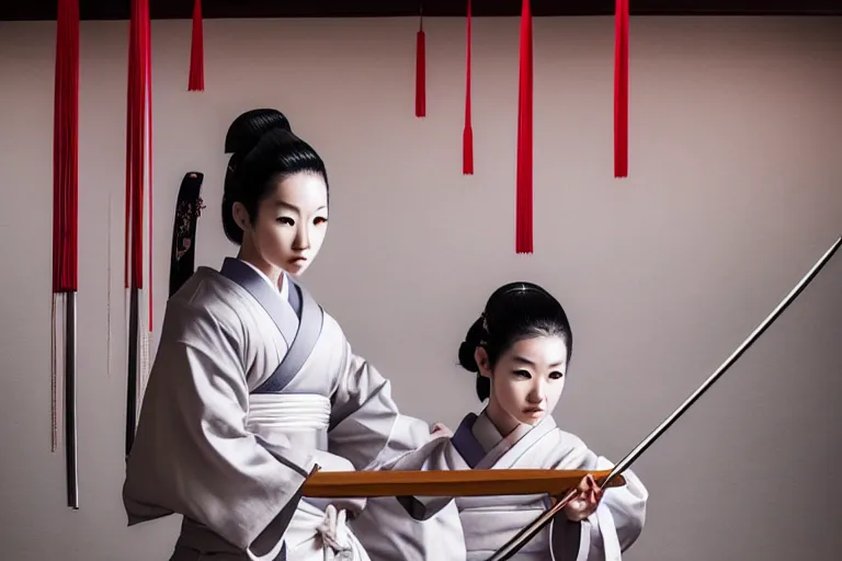 Image similar to beautiful photo of a young modern geisha samurai practising the sword in a traditional japanese temple, mid action swing, beautiful eyes, shining silver katana sword, award winning photo, muted pastels, action photography, 1 / 1 2 5 shutter speed, dramatic lighting, anime set style